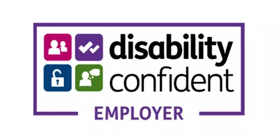 A logo features four colored squares, each with different symbols, and the text "disability confident" prominently displayed, indicating a commitment to inclusive employment practices. Below, the word "EMPLOYER" is featured.
