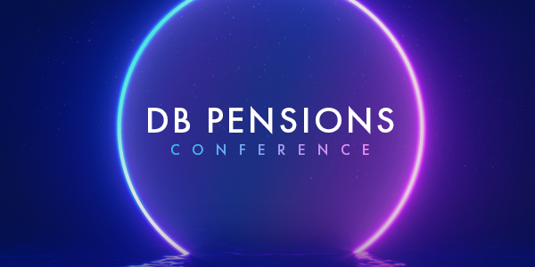 A glowing circular graphic with a gradient of blue and purple hues displays the text "DB PENSIONS CONFERENCE" prominently in the center, set against a dark, starry background.