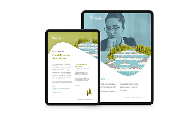 Two digital tablets display a document with white text on a green background, accompanied by a scenic illustration of mountains and trees. A thoughtful person in glasses looks at the screen.