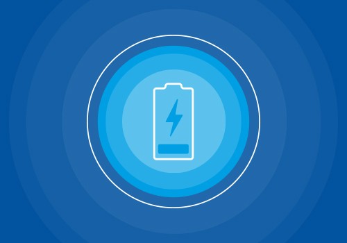 A blue circular background features a light blue battery icon with a lightning bolt, indicating charging, at its center. The design conveys a sense of energy and power.