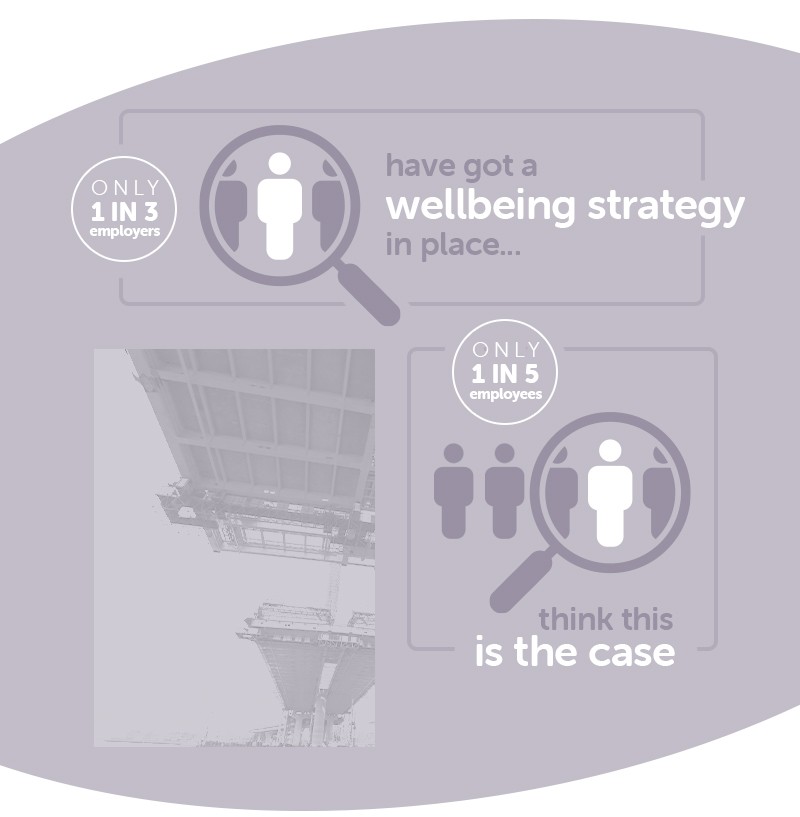 A graphic displays data about workplace wellbeing strategies, stating that only 1 in 3 employers have one, and only 1 in 5 employees believe this is true, accompanied by simple icons.
