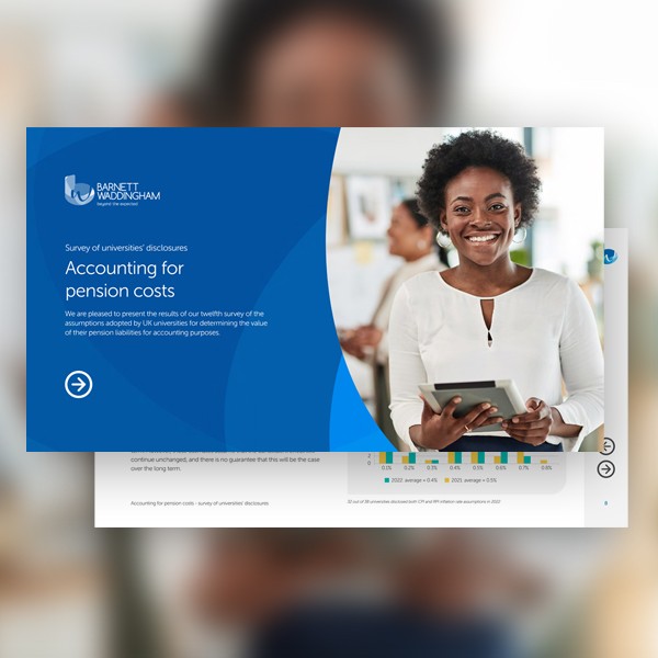 A woman with curly hair smiles while holding a tablet. A blue graphic background displays text about an accounting survey for pension costs. The context suggests a professional or academic setting.