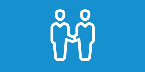 Two simplified human figures are depicted shaking hands, symbolizing agreement or connection, set against a solid blue background that emphasizes their interaction.