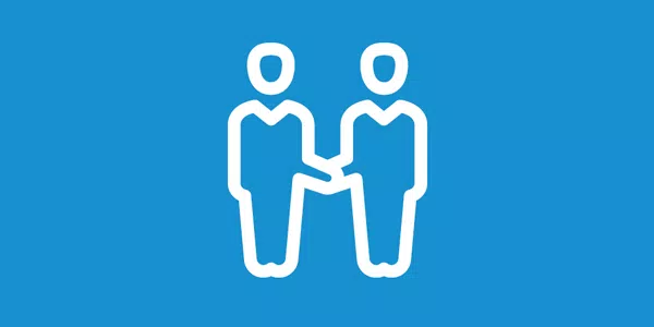 Two simplified human figures are depicted shaking hands, symbolizing agreement or connection, set against a solid blue background that emphasizes their interaction.