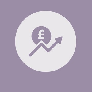 A pound symbol is shown inside a circle, with a rising arrow indicating growth. The circular design is set against a light purple background, suggesting a financial focus on increasing value.