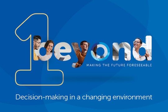 A large number "1" stands prominently on a blue background, featuring the word "beyond" with images of diverse people. Below, it reads: "Decision-making in a changing environment."