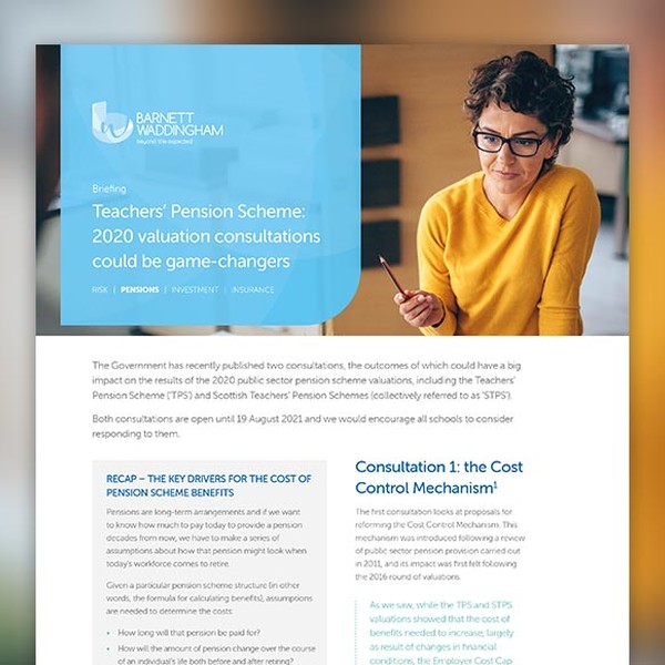 A woman in a mustard-colored shirt sits at a desk, looking thoughtfully while holding a pen. The background includes documents and a computer, conveying a professional setting. 

Text includes headings and a briefing about the Teachers' Pension Scheme and