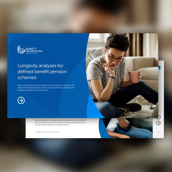 A young person sits on the floor, holding a cup and thoughtfully looking at a document. A modern living room with soft lighting serves as the context, presenting a relaxed atmosphere. 

Text includes:  
"BARNETT WADDINGHAM  
Longevity analyses for defined
