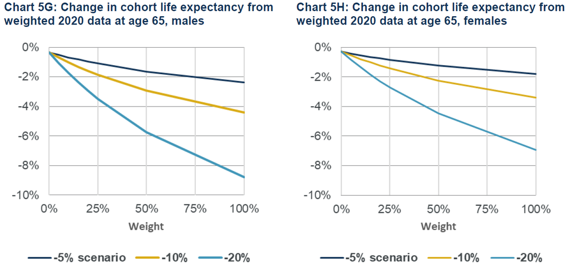 Two line charts compare changes in cohort life expectancy at age 65 for males and females based on different weight scenarios (-5%, -10%, -20%). The male chart is on the left; the female chart is on the right.