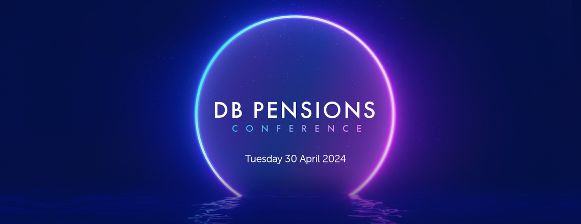A glowing circular shape emits a soft light, displaying text that reads "DB PENSIONS CONFERENCE" and the date "Tuesday 30 April 2024," set against a dark, starry background resembling water.