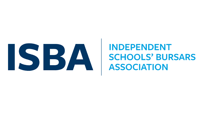 A blue and black logo features the acronym "ISBA" prominently, with the full name "Independent Schools’ Bursars Association" in lighter blue. The background is plain white.