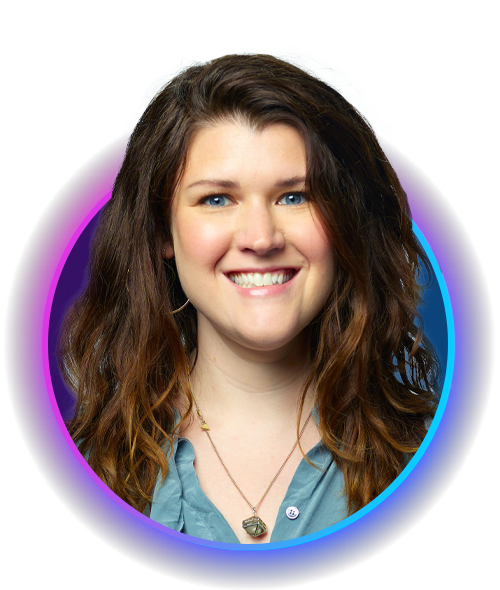 A smiling woman with long, wavy hair is centered in a circular frame. She wears a light blue shirt and a necklace, set against a gradient background of purple and blue.