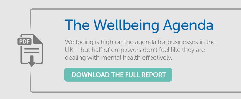 A PDF document icon is displayed alongside the text, "The Wellbeing Agenda." Below, a message highlights concerns about employers in the UK addressing mental health effectively, with a prompt to download the full report.