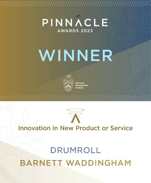 A certificate displays the title "WINNER" in large letters, acknowledging Barnett Waddingham for "Innovation in New Product or Service" at the Pinnacle Awards 2023, presented by the Pensions Management Institute.