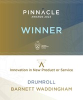 A certificate displays the title "WINNER" in large letters, acknowledging Barnett Waddingham for "Innovation in New Product or Service" at the Pinnacle Awards 2023, presented by the Pensions Management Institute.