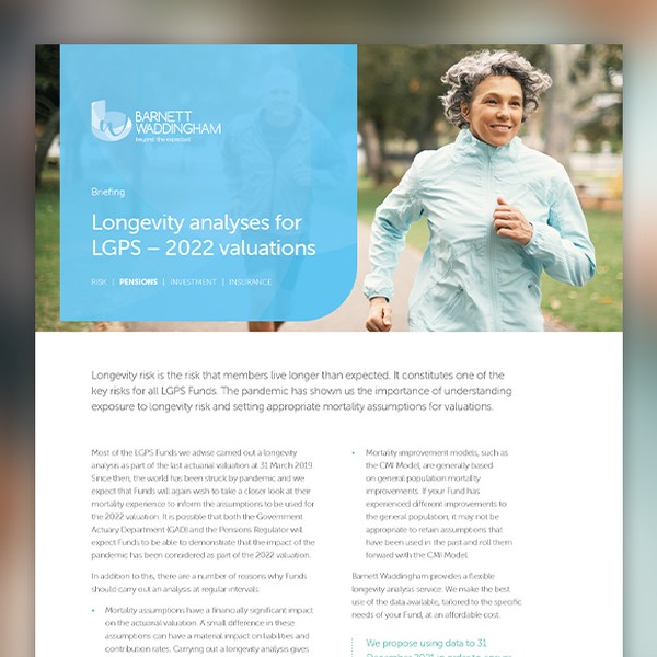 A woman jogs outdoors in a light blue outfit, smiling, amidst greenery. The background features a bright blue sky, suggesting a clear, sunny day, conveying a sense of vitality and health. 

Text:

**BARNETT WADDINGHAM**
  
Briefing  
Longevity analyses fo