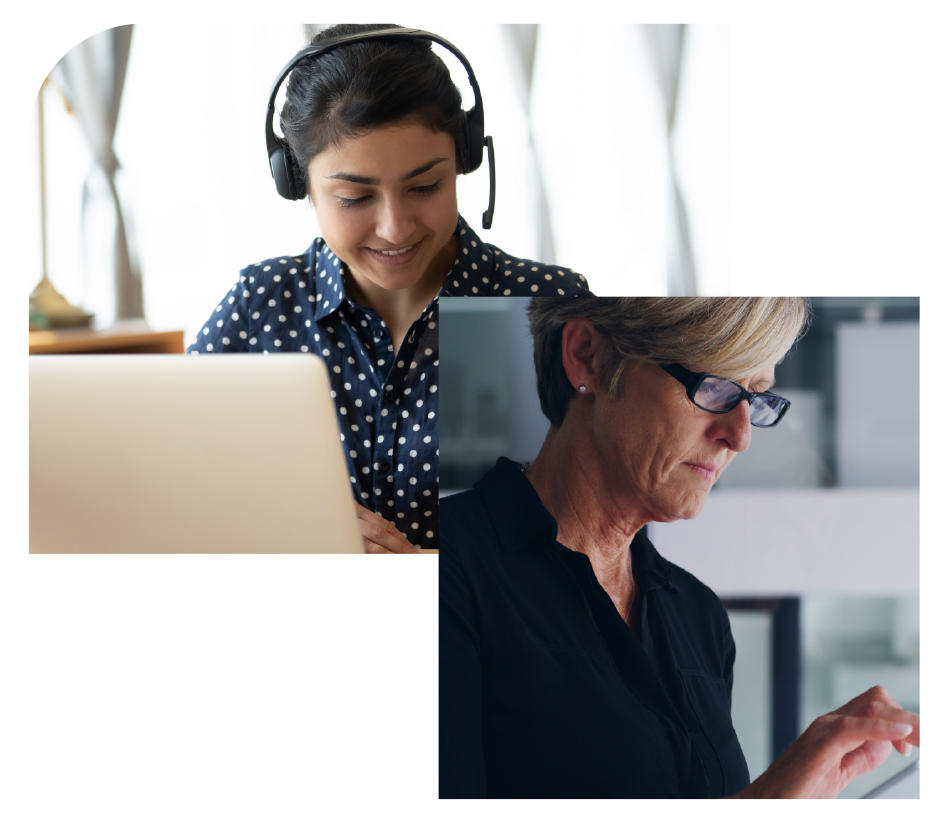 A young woman with a headset smiles while using a laptop. Nearby, an older woman wearing glasses is focused on a tablet in a modern office setting.