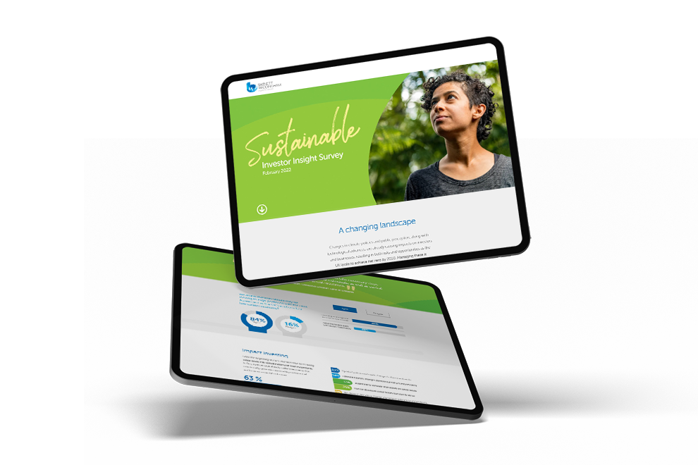 A tablet displays a survey titled "Sustainable Investor Insight Survey" with a woman looking thoughtfully from the top screen, surrounded by greenery in the background. The survey includes statistics about investor attitudes.