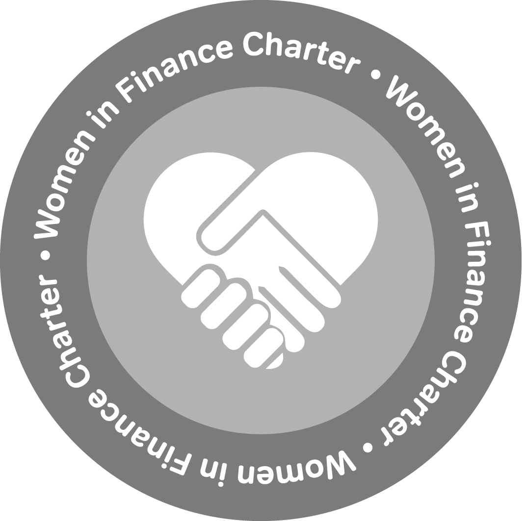 A circular logo features a handshake above a heart symbol, demonstrating unity. Surrounding text reads: "Women in Finance Charter • Women in Finance Charter • Women in Finance Charter."
