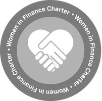A circular logo features a handshake above a heart symbol, demonstrating unity. Surrounding text reads: "Women in Finance Charter • Women in Finance Charter • Women in Finance Charter."