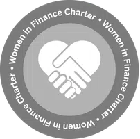 A circular logo features a handshake above a heart symbol, demonstrating unity. Surrounding text reads: "Women in Finance Charter • Women in Finance Charter • Women in Finance Charter."