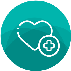 A heart symbol is featured, accompanied by a medical cross. Both are white against a circular turquoise background, suggesting themes of health and wellness in a visually simplistic design.