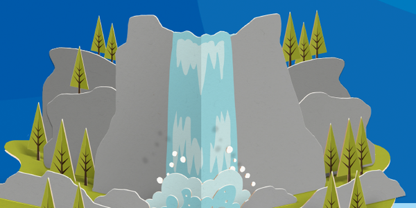 A waterfall cascades down rocky cliffs, creating splashes in a serene, green environment. Sparse trees flank the rocks under a clear, blue sky, enhancing the tranquil scene.