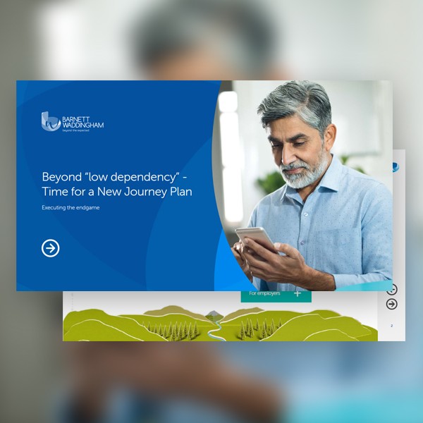 A man holds a mobile device and looks at it thoughtfully. The background features greenery, suggesting an outdoor setting. Text includes: "Beyond 'low dependency' - Time for a New Journey Plan" and "Executing the endgame."