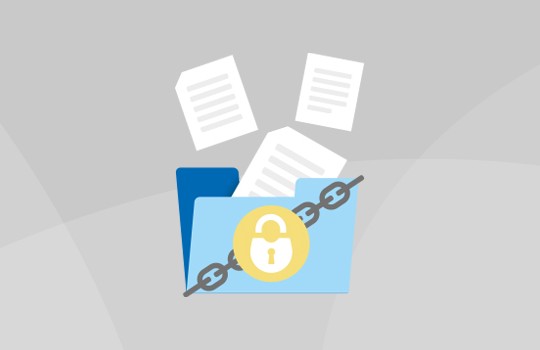 A blue folder with a padlock icon is filled with papers, and several loose sheets are flying out. The background is a soft gray, enhancing the focus on the folder and documents.