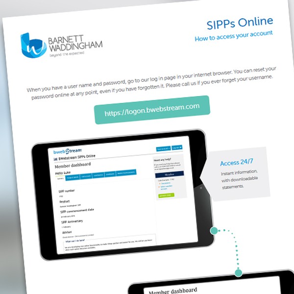 A tablet displays an online dashboard for SIPPs (Self-Invested Personal Pensions), showing user login instructions and a username greeting. Context includes a welcoming tone and access details.