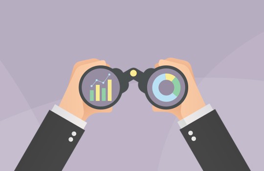 Two hands hold a pair of binoculars, each lens displaying different graphs: one shows bar chart trends, and the other a circular diagram, against a soft purple background.