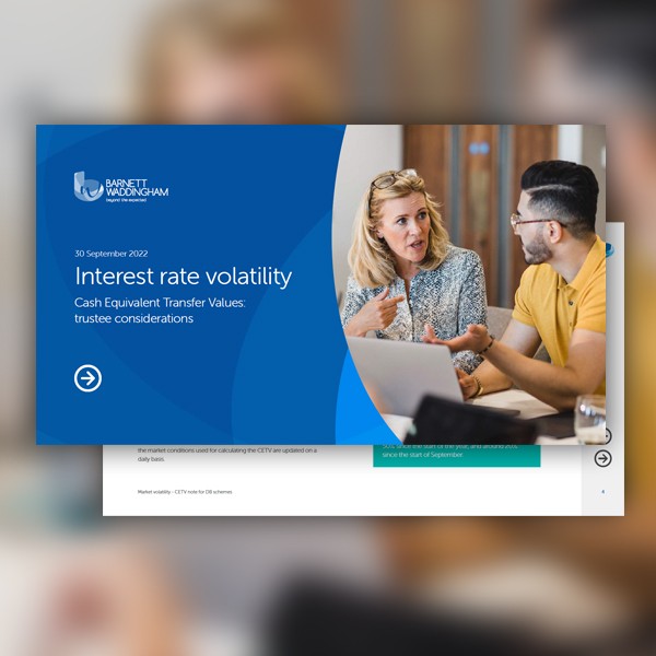 A presentation slide displays the title "Interest rate volatility" with a blue background. Two individuals engage in conversation, while text below outlines cash equivalent transfer values and trustee considerations.