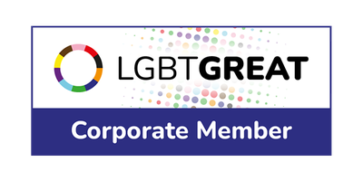 A logo features a multi-colored circular design alongside the text "LGBT GREAT" prominently displayed above "Corporate Member," set against a background of colorful dots.