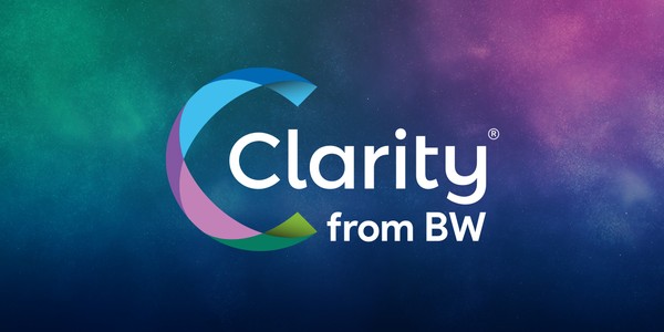 A stylized logo features the word "Clarity" in white, alongside a circular design composed of colored segments, against a vibrant cosmic background of blue, green, and pink hues. Below, the text reads “from BW.”
