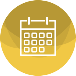 A yellow circular icon features a white calendar graphic with a grid and two hooks at the top. The design is simple and modern, suitable for digital applications.