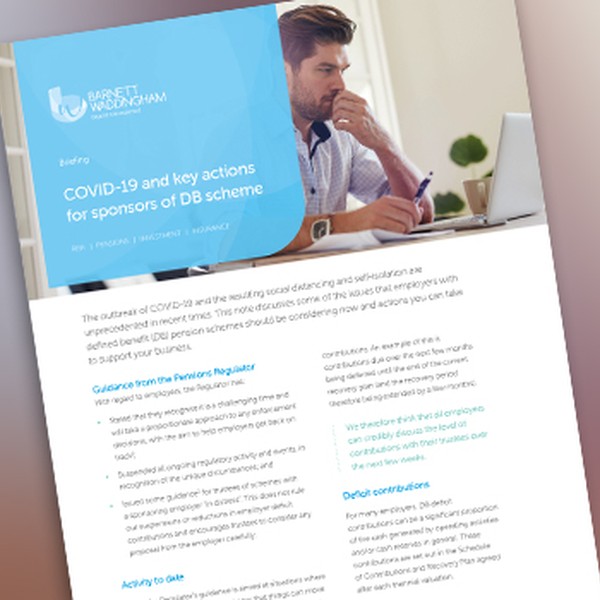 A document titled "COVID-19 and key actions for sponsors of DB scheme" sits on a surface near a man deep in thought, engaged with a device, and surrounded by a small plant.