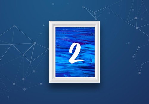 A framed artwork features abstract blue waves, with a large white number "2" centered in the middle. The background is a gradient of dark blue with light geometric patterns.