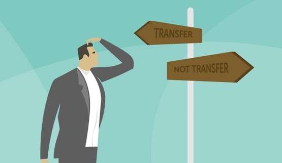 A businessman stands pondering at a crossroads, facing two signs labeled "TRANSFER" and "NOT TRANSFER," indicating a decision-making scenario in a minimalistic, light blue environment.