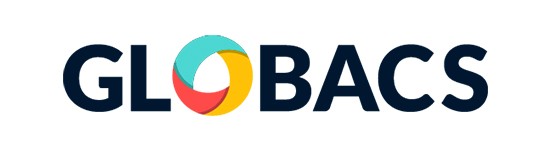 The focal object is the logo displaying the word "GLOBACS." It features a circular design with vibrant colors, set against a simple background, suggesting a modern, innovative brand identity.