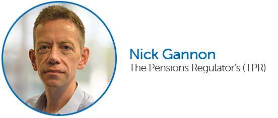 A man with short hair, wearing a light shirt, is facing the viewer in a rounded blue frame. Text beside him reads "Nick Gannon" and "The Pensions Regulator's (TPR)."