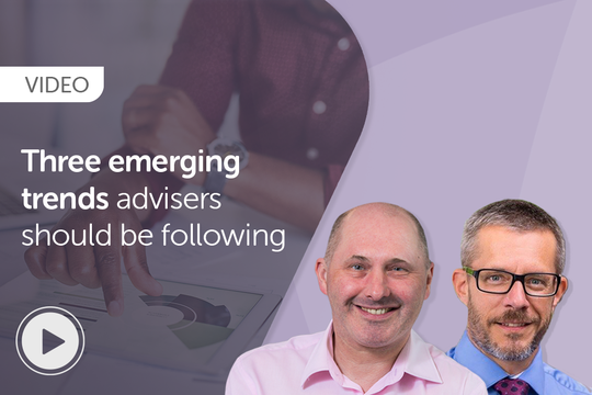 A hand interacts with a tablet displaying a chart, while two men with professional attire are featured on the right. The background suggests a business or office environment. Text mentions trends for advisers.