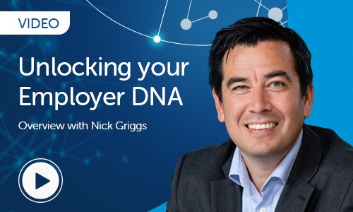 A man in a blazer smiles while seated, presenting an overview titled "Unlocking your Employer DNA" with the subtitle "Overview with Nick Griggs" against a blue, tech-inspired background. A play button indicates it’s a video.