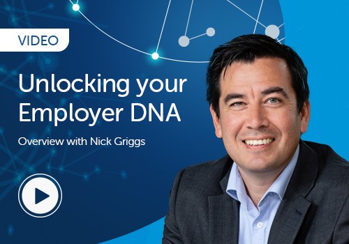 A man in a blazer smiles while seated, presenting an overview titled "Unlocking your Employer DNA" with the subtitle "Overview with Nick Griggs" against a blue, tech-inspired background. A play button indicates it’s a video.
