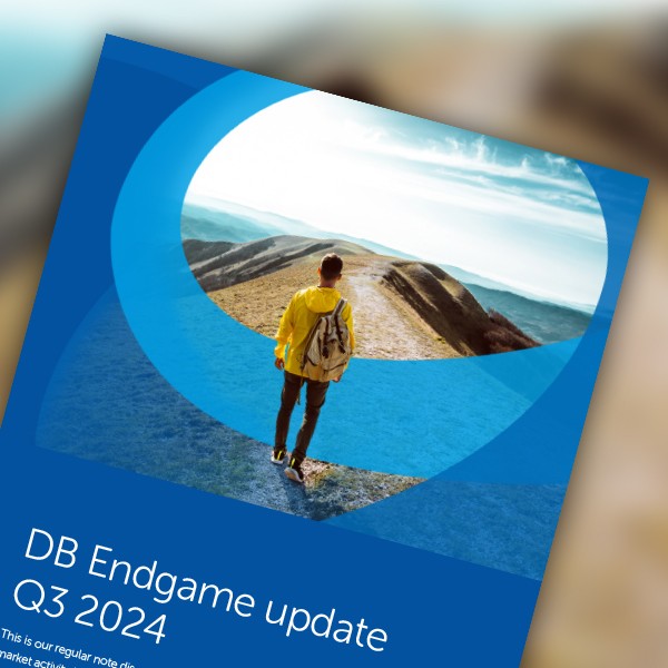 A person in a yellow jacket walks along a winding path through hills under a clear sky. The setting suggests a journey or exploration. 

Text in the image:  
"DB Endgame update  
Q3 2024  
This is our regular note on market activity..."