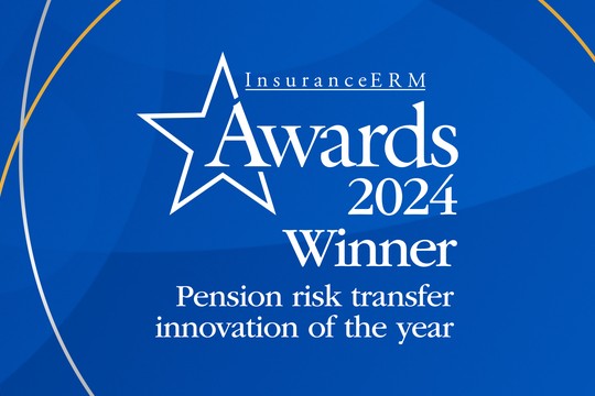 A blue background features a star logo and text announcing "InsuranceERM Awards 2024 Winner," with the category "Pension risk transfer innovation of the year."