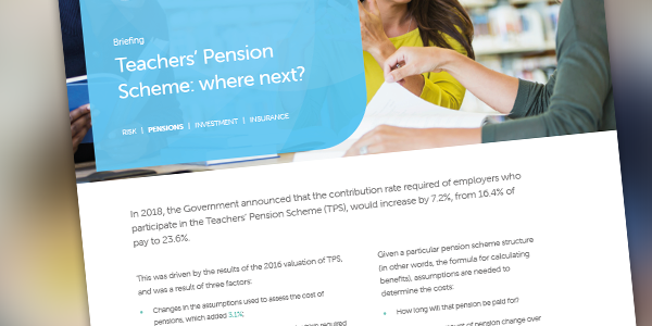 A briefing document discusses the Teachers' Pension Scheme, detailing a contribution rate increase from 16.4% to 23.6%, with context on valuation and pension structure considerations.