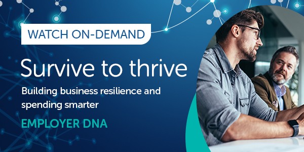 Two men engage in a discussion, analyzing documents on a table. The background features a modern office setting, with blue and white graphics suggesting a digital theme. Text promotes a webinar on business resilience.