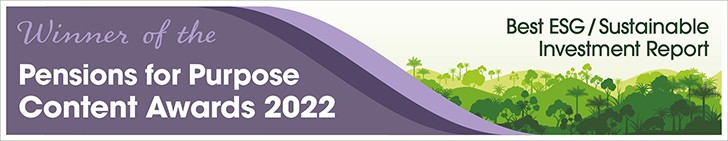 Award banner featuring a winner title, stating "Winner of the Pensions for Purpose Content Awards 2022." It includes categories: "Best ESG/Sustainable Investment Report," with a green landscape illustration as context.