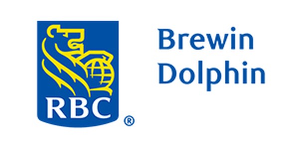 A blue logo displays a yellow lion and globe symbol alongside the text "RBC" and "Brewin Dolphin" in a clear font, suggesting a financial or investment service context.
