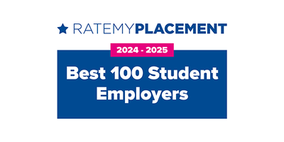 RATEMYPLACEMENT logo presents "Best 100 Student Employers" for the 2024-2025 timeframe. The text is prominently displayed on a blue background, emphasizing student opportunities and employer recognition.